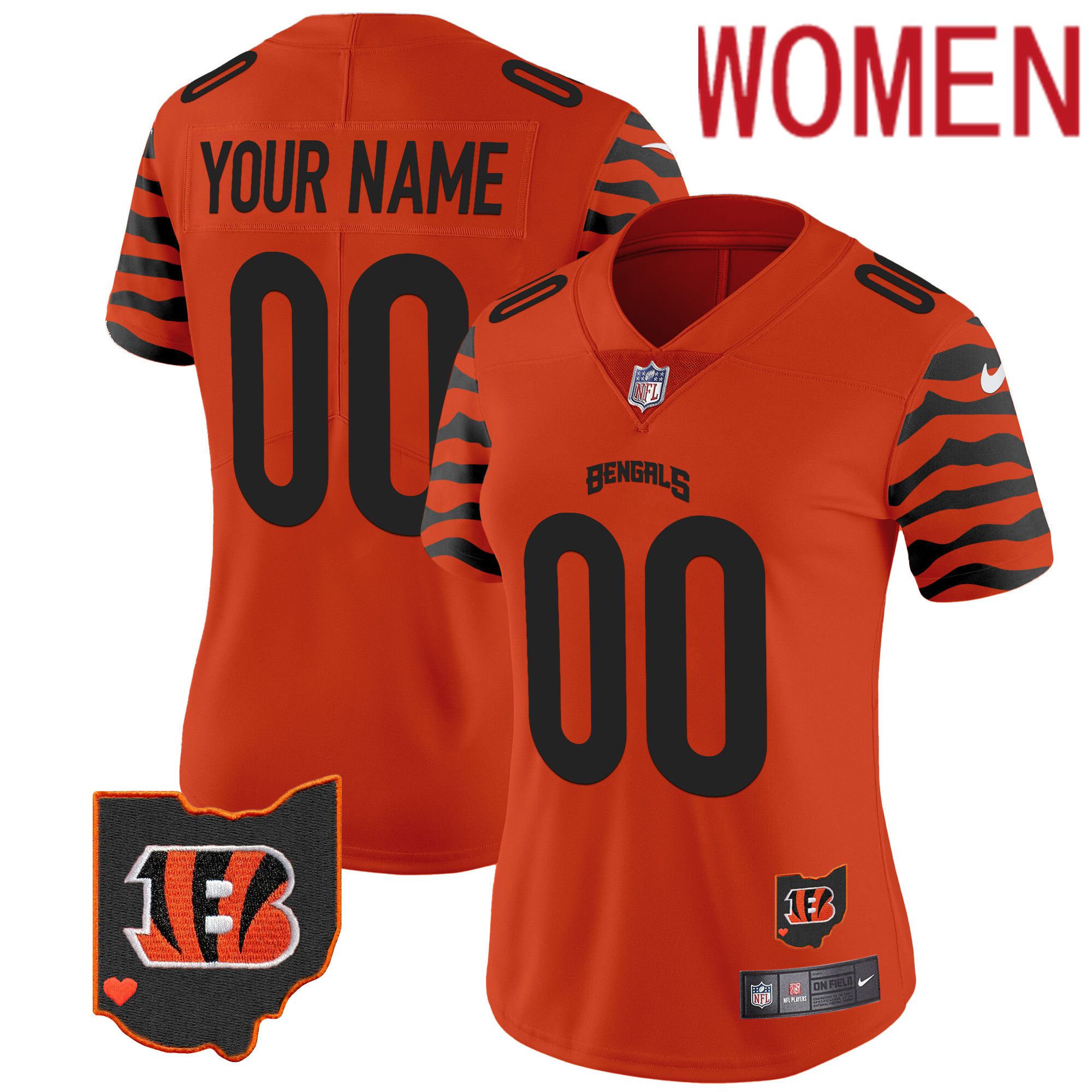Women Cincinnati Bengals Orange 2024 Nike Black Stripes Vapor Limited Custom NFL Jersey